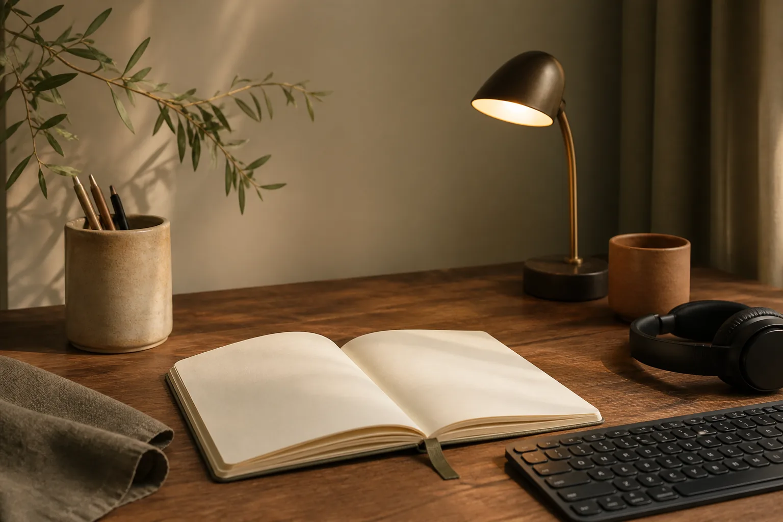 Open notebook, warm desk lamp and keyboard on a walnut desk