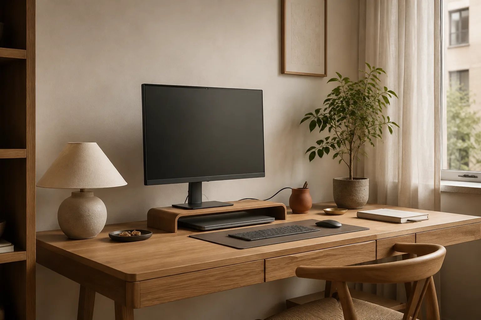 Warm, natural home-office desk with a monitor, lamp, plant and notebook