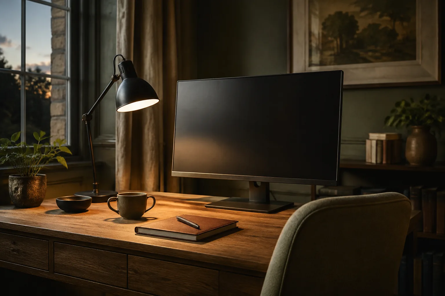 Monitor and desk lamp in a softly lit home office at dusk