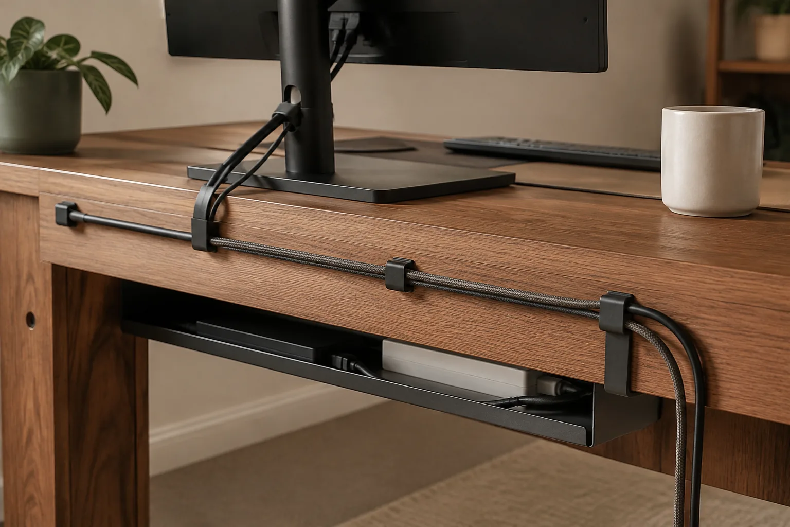 Neatly routed desk cables and an under-desk tray in a home office