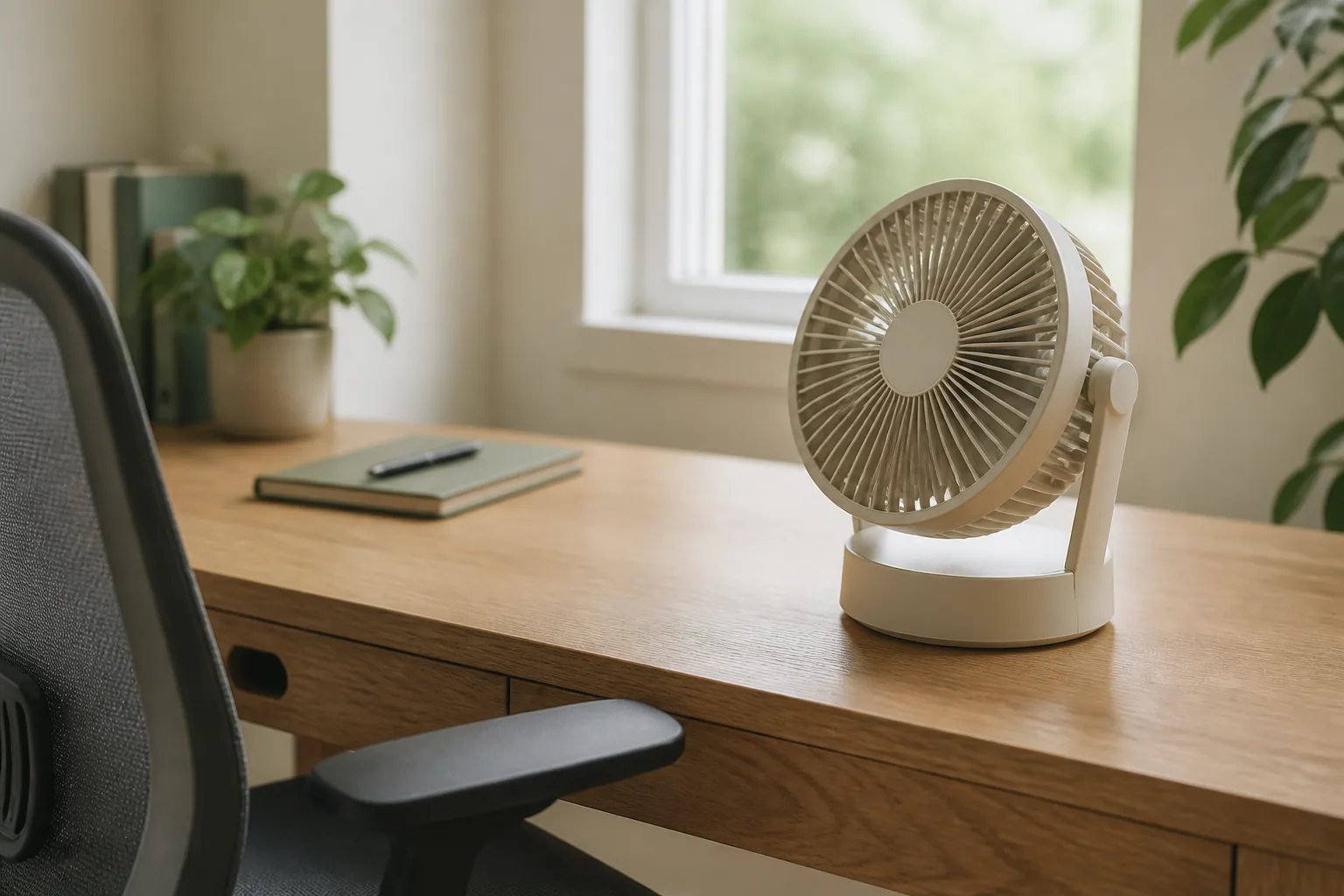 Small white desk fan beside a monitor in a bright home office
