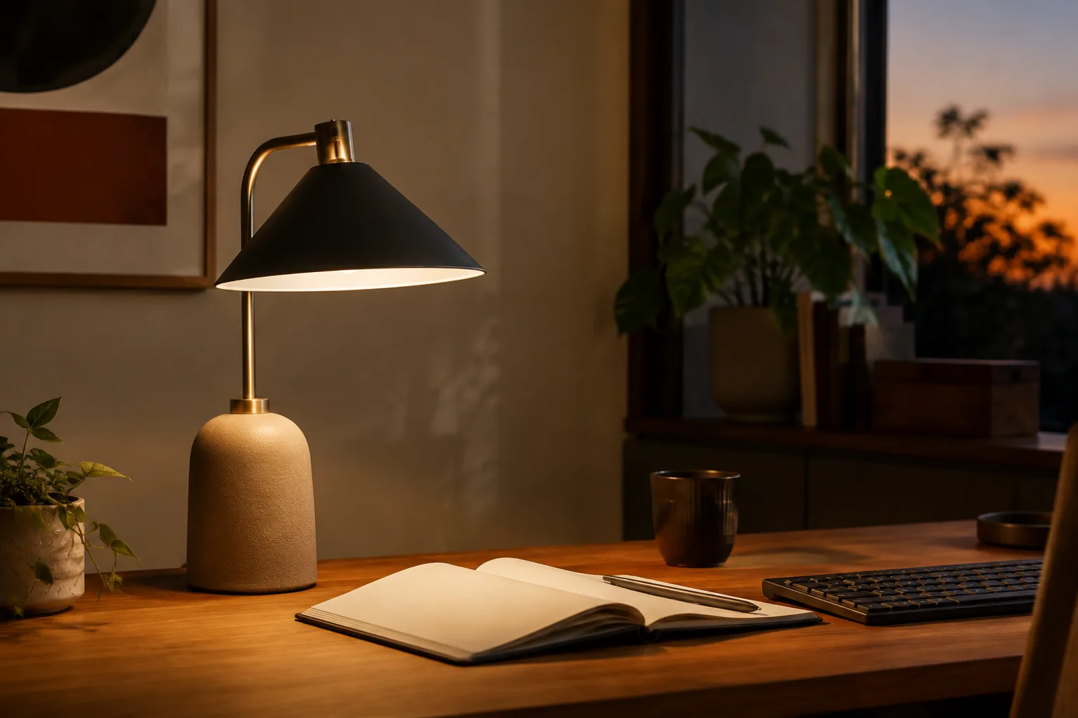 Sculptural desk lamp lighting a notebook and cup on a calm workspace