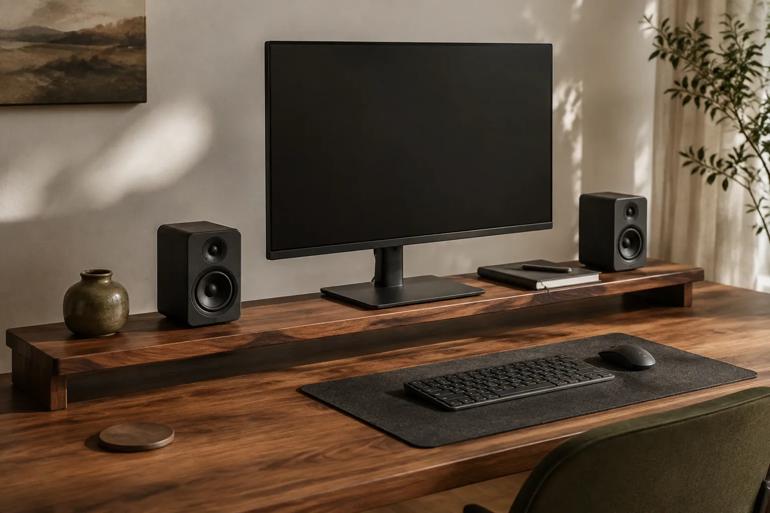 Wooden desk shelf with speakers, notebook and small everyday objects