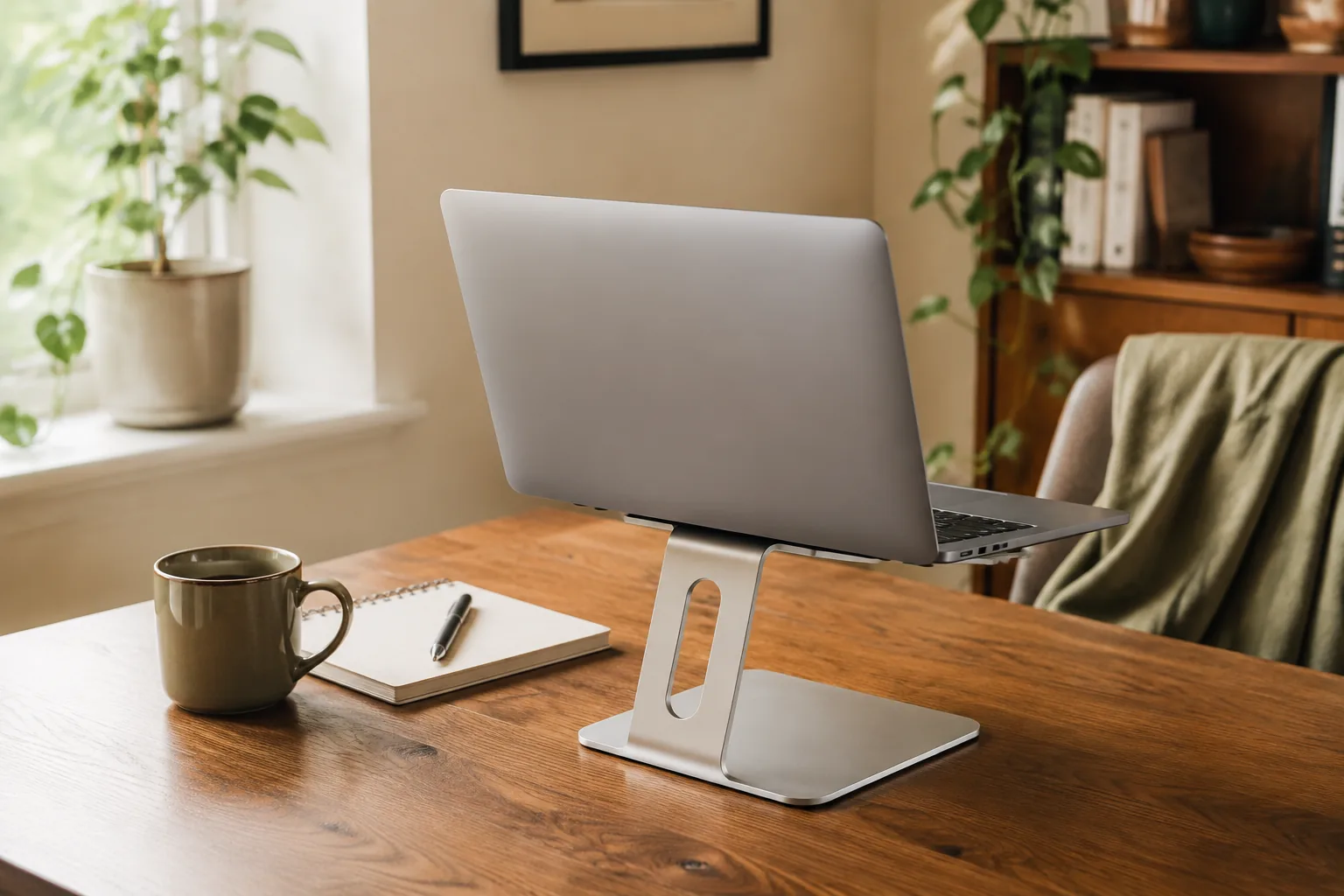 Laptop raised on a slim aluminum stand beside a notebook