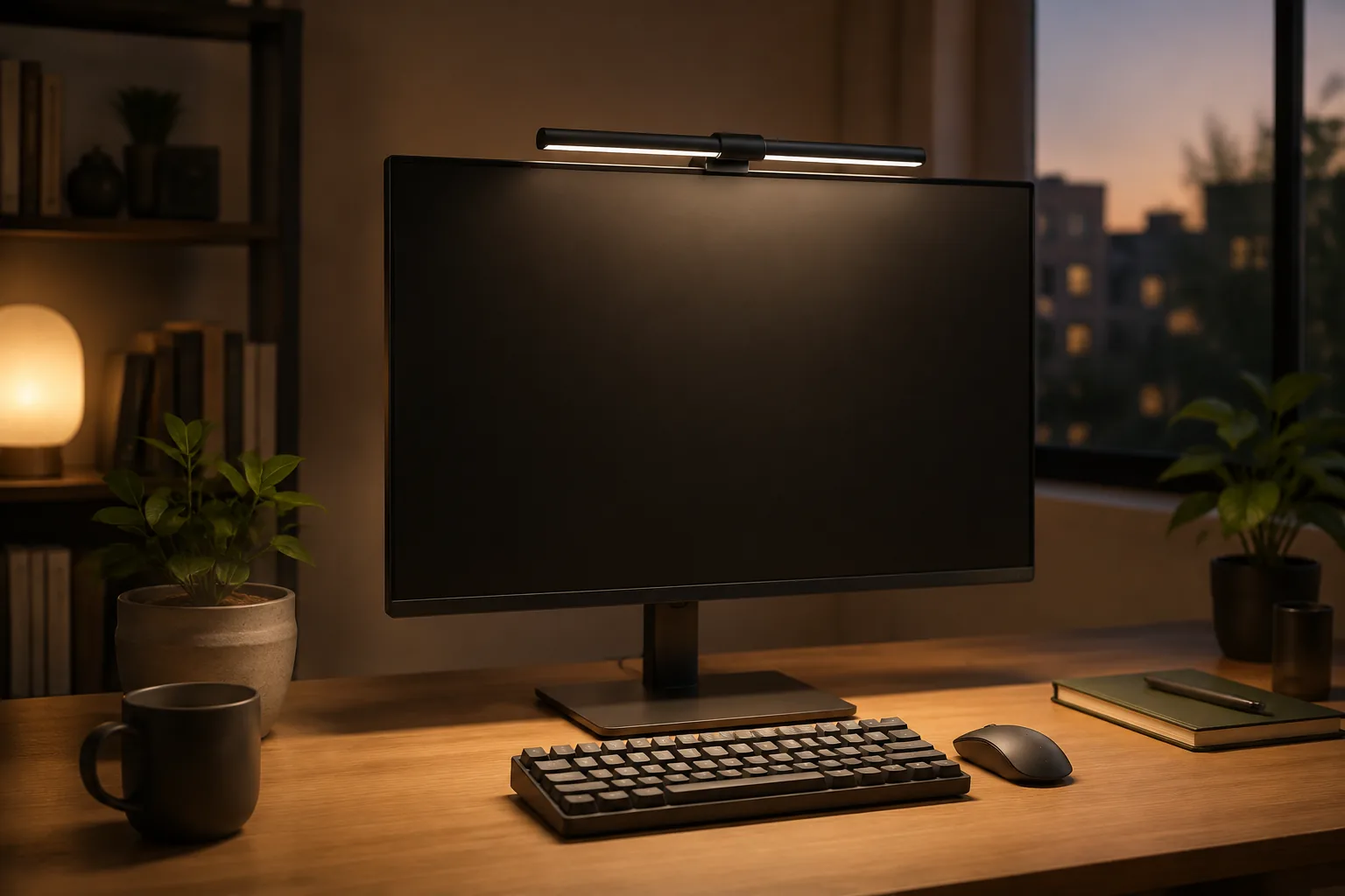 Monitor light bar casting a soft glow over a keyboard at dusk