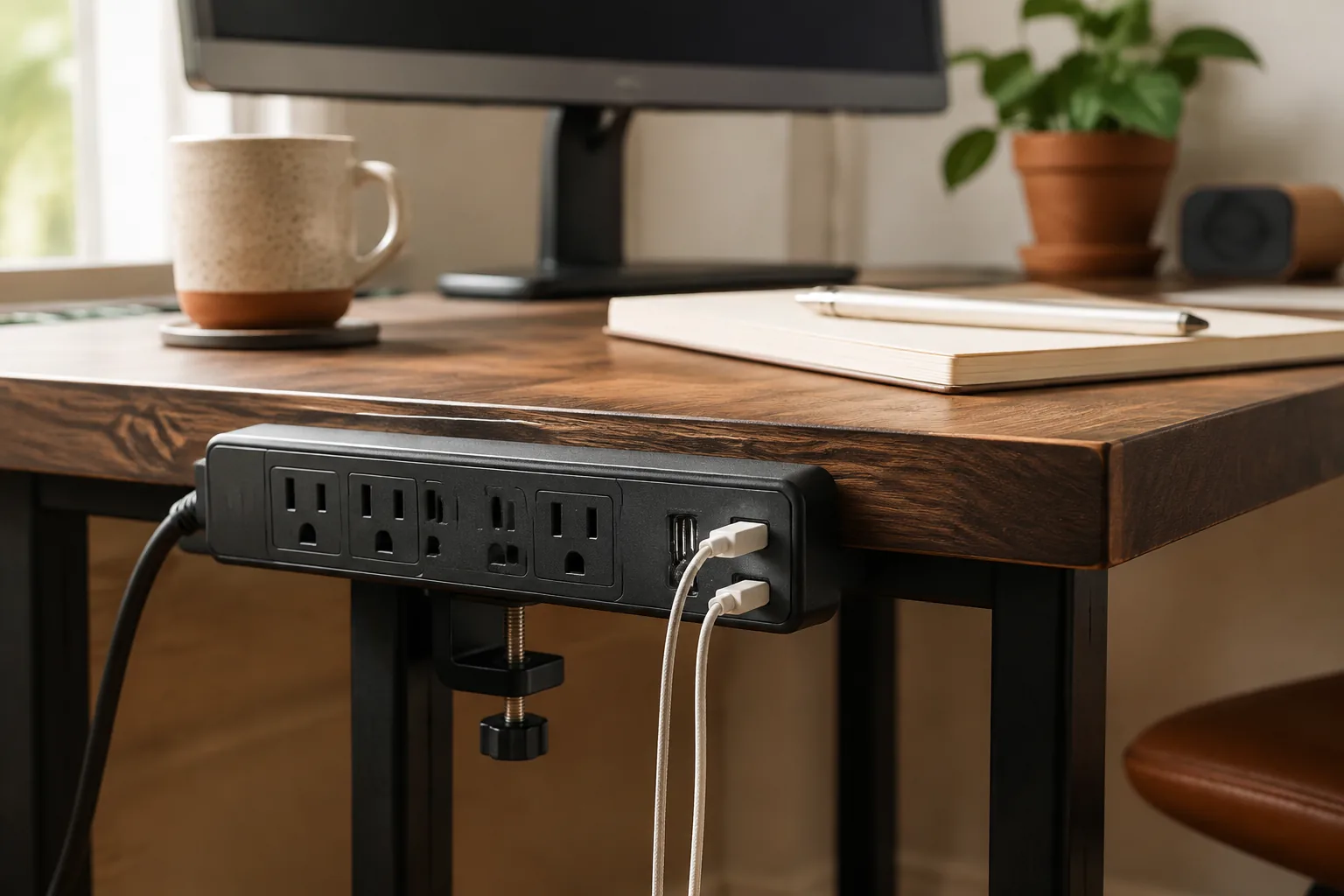 Clamp-on power strip attached to the edge of a wooden desk