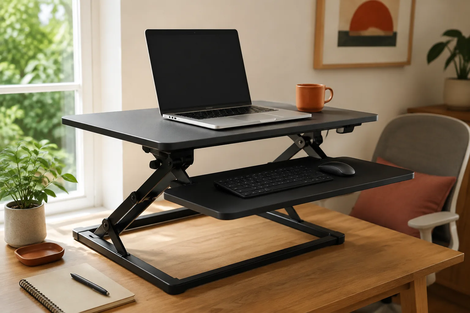 Wooden standing desk converter holding a keyboard and monitor