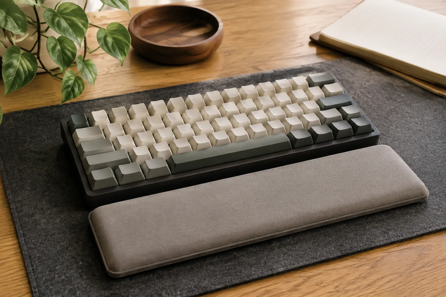 Compact keyboard with a soft wrist rest on a warm wooden desk
